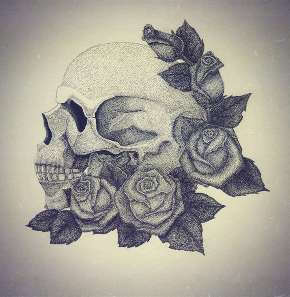 Rose Scull Dotwork tattoo