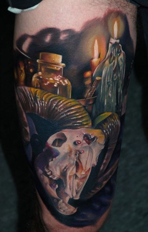 Alchemist Workshop realistic tattoo