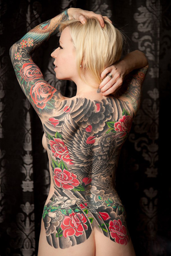 Full Back Rose raven japanese tattoo for girl