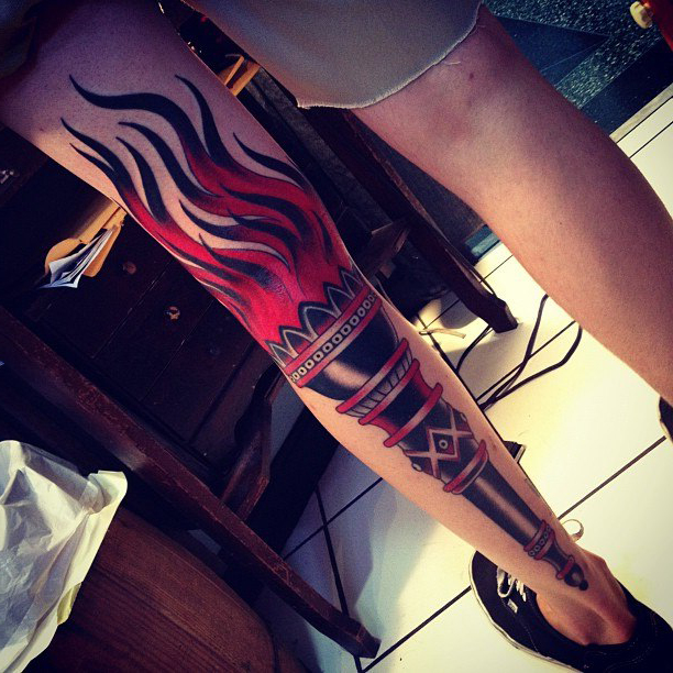 Full Leg Black Torch traditional tattoo