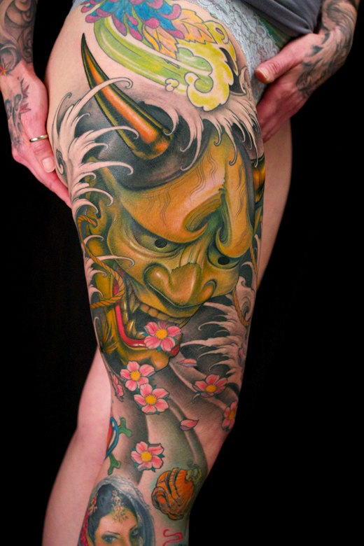 Full leg Hannya mask japanese tattoo