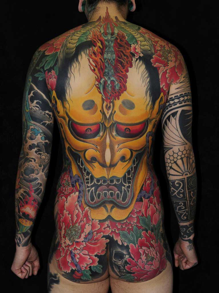 Maori sleeve mixed with Hannya Mask japanese tattoo