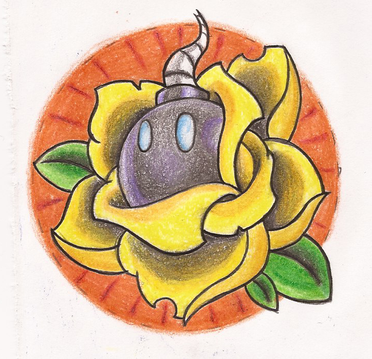 Old school bomb rose drawing tattoo