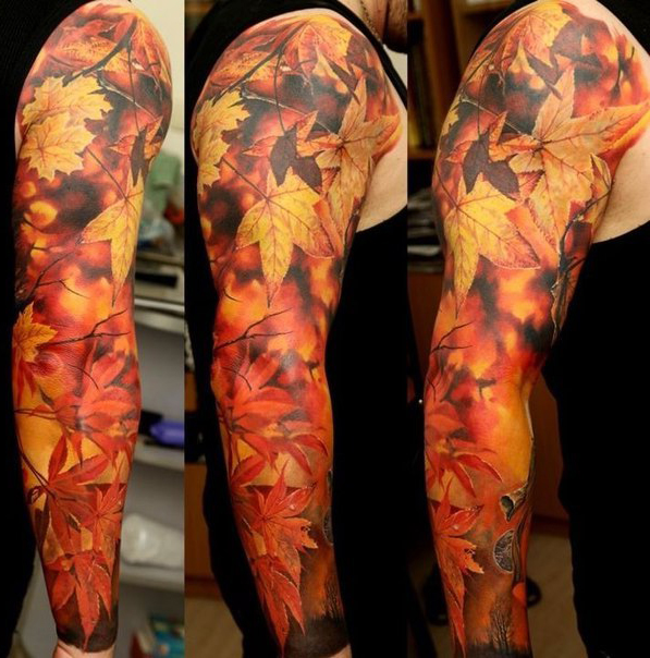 Realistic Autumn Leaves tattoo sleeve