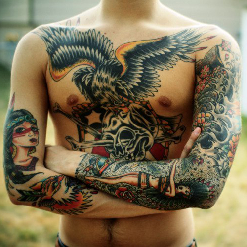 Chest Eagle and two sleeves traditional tattoo