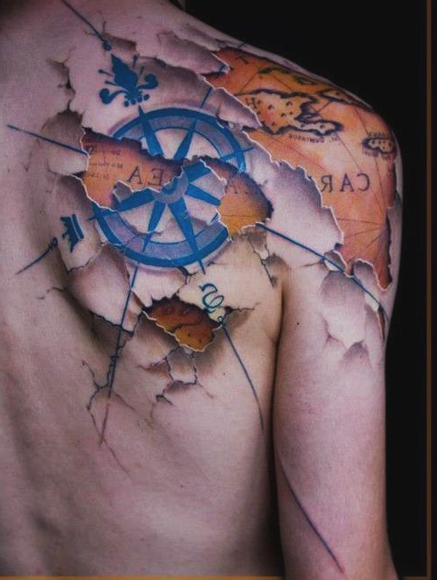 The Caribbean Map 3D tatoo on shoulder back