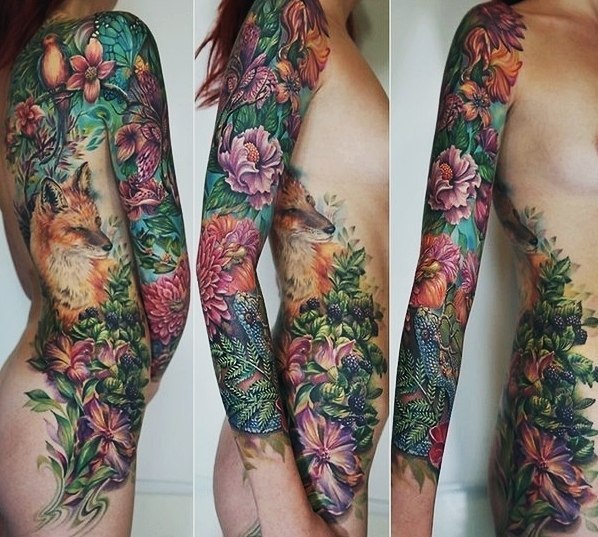 Fox and Lizard Flowers tattoo sleeve