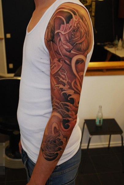 Adressed Rose in Sea Tides tattoo sleeve