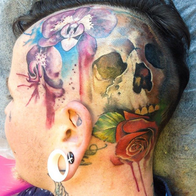 Aquarelle Scull Rose head tattoo design