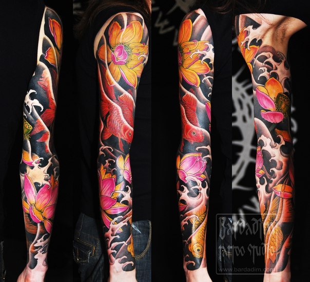 Black Watter Pink and Yellow Lotus Flowers tattoo sleeve