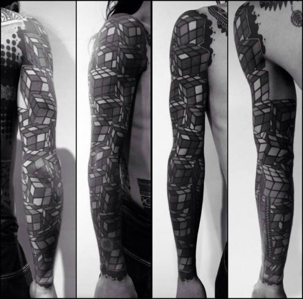 Blackwork Rubik's Cube tattoo sleeve by Chopstick Tattoo