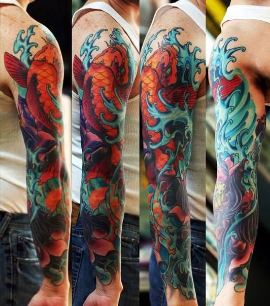 Blue Waters Golden Carp tattoo sleeve