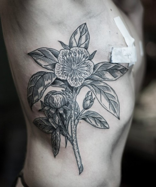 Bookish Flower Graphic tattoo idea on Torso Side