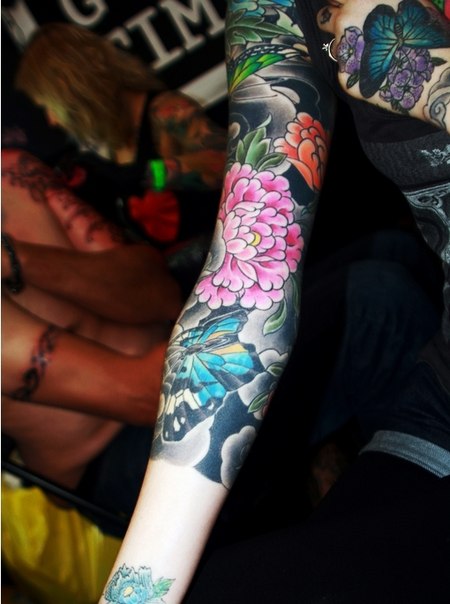 Butterfly and Pink Flower tattoo sleeve