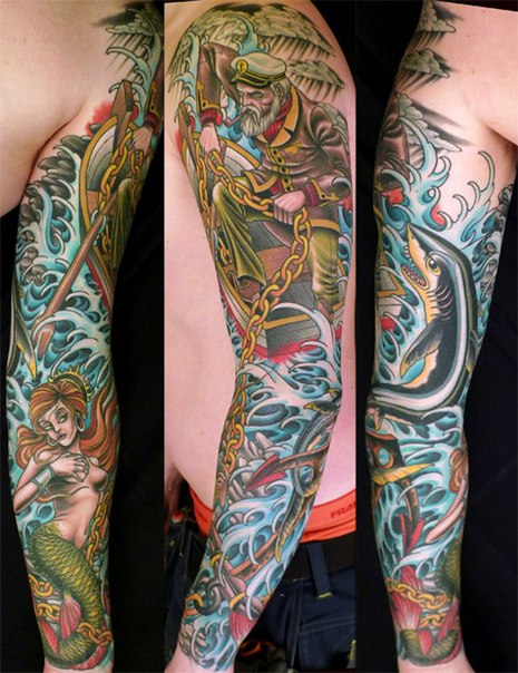 Catch the Mermaid Captain tattoo sleeve