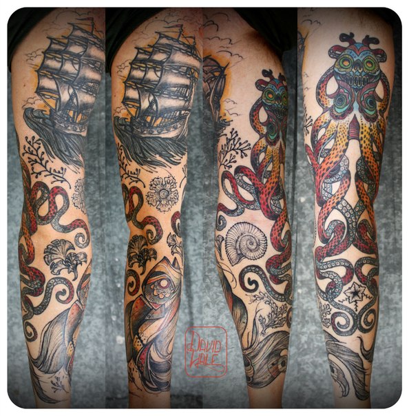 Chicano Octopus and Ship tattoo sleeve