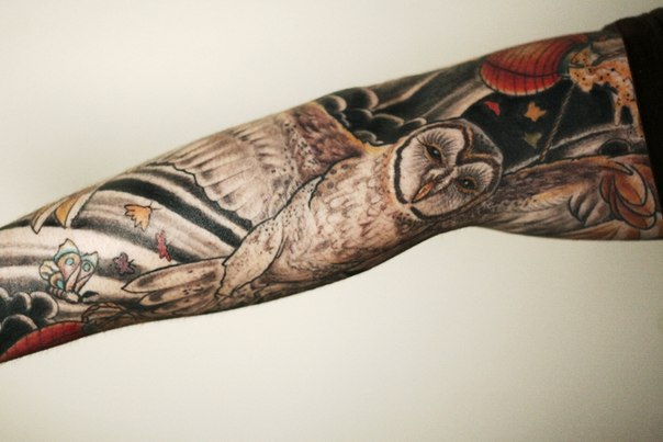 Chinese Flying Owl tattoo sleeve