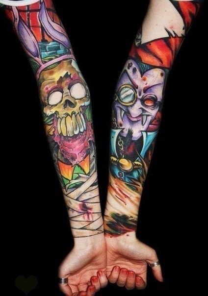 Crazy Scull and Vampire tattoo sleeve