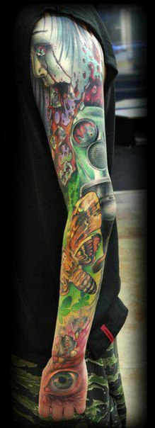 Creepy Moth Gasmask Razor tattoo sleeve