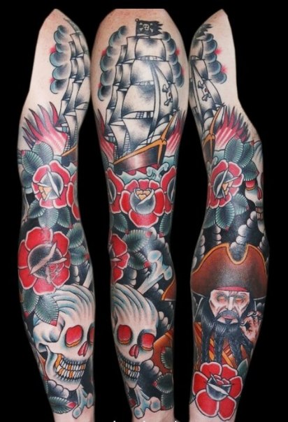 Dark Waters Black Beard Pirate tattoo sleeve