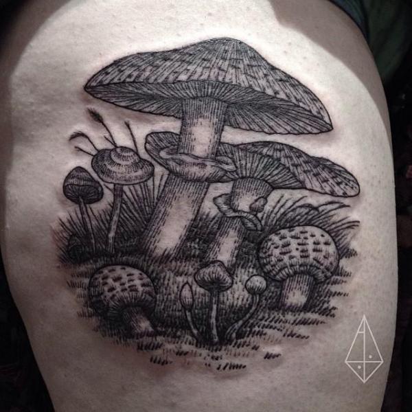 Etching Amanita tattoo by Hidden Moon Tattoo