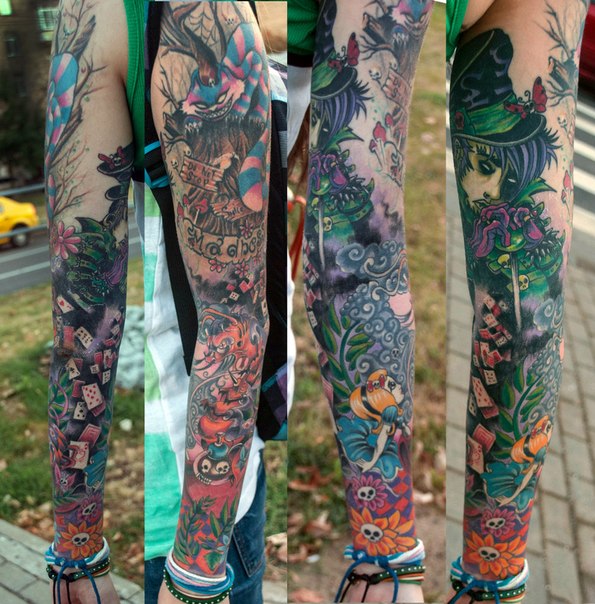 Evil Alice in Wonderland tattoo sleeve by Aleksei GloBuS Berezniov