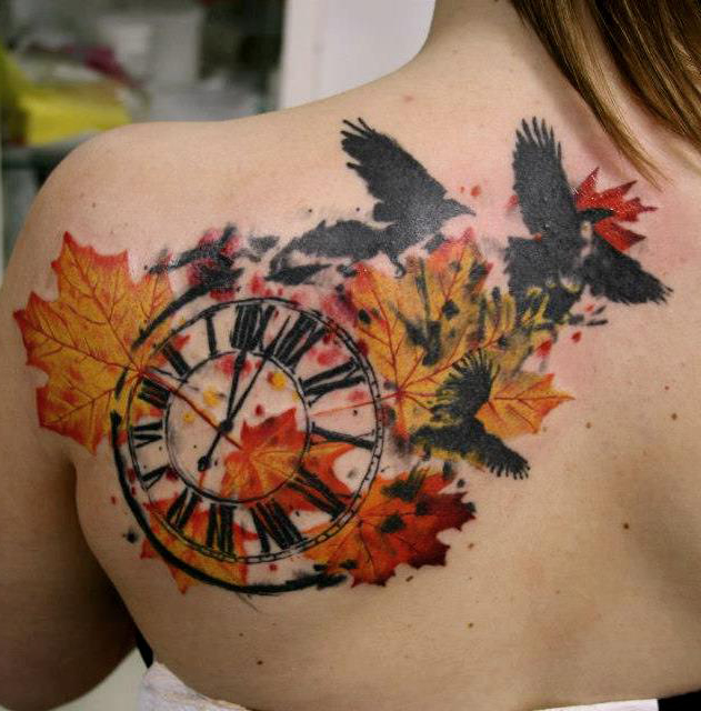 Fall Time Trash Polka tattoo on Back