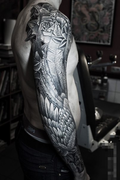 Feather Wings and Roses Graphic tattoo sleeve