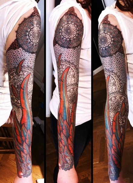 Fire Feather Wing Mandala tattoo sleeve