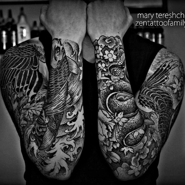 Fish and Waves Dotwork tattoo sleeve