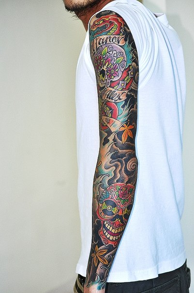 Flower Eyes Japanese Sculls tattoo sleeve