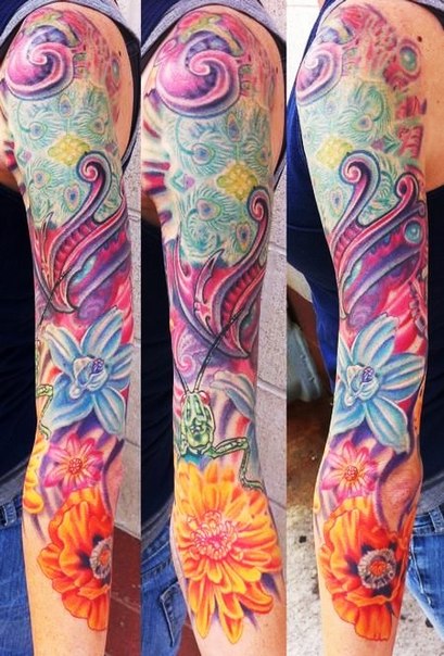 Flowers and Green Grasshopper tattoo sleeve