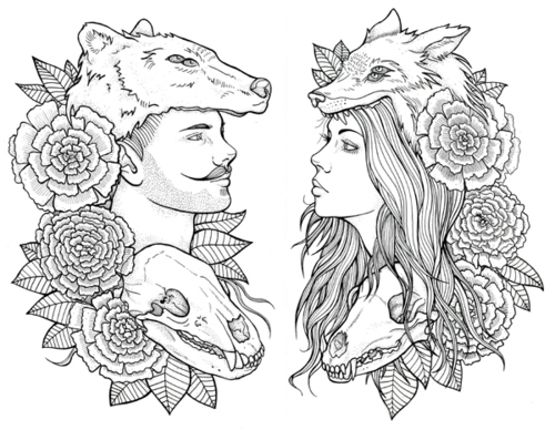 Fox and Bear tattoo sketch