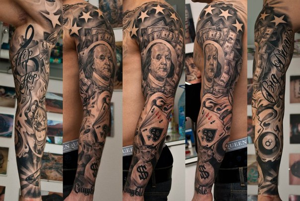 Gambling Benjamin Franklin tattoo sleeve