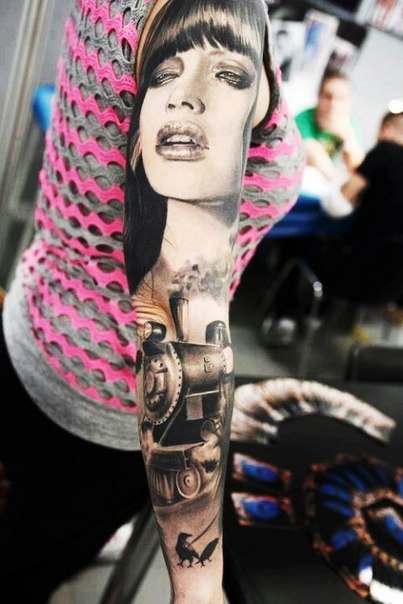 Girl Locomotive Graphwic tattoo sleeve