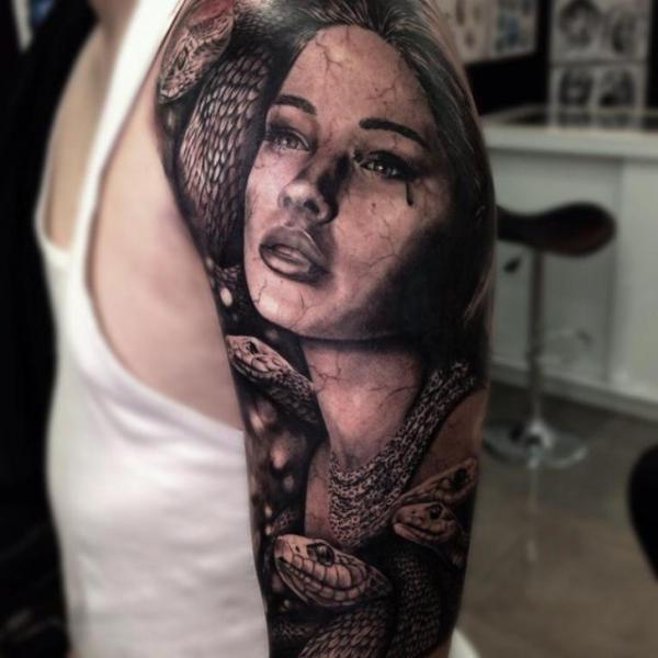 Girl and Snakes Realistic tattoo by Drew Apicture