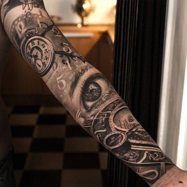 Graphic Clocks and Eye tattoo sleeve