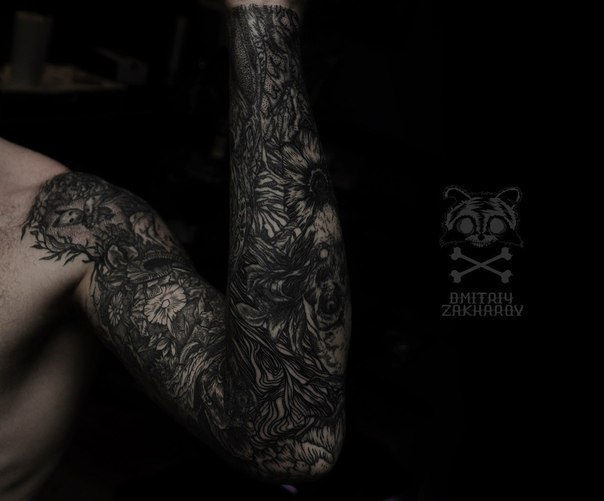 Graphic Dark tattoo sleeve by Dmitri Zakharov