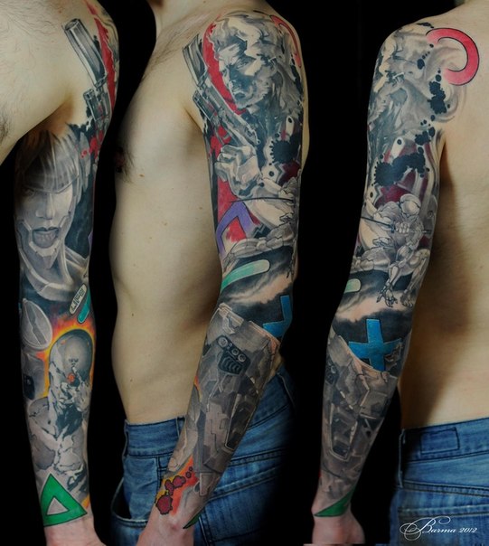 Guns and Anime tattoo sleeve