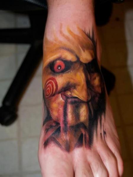 Horror Saw Mask realistic tattoo by Last Angels Tattoo