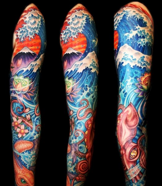 Huge Wave Mountain tattoo sleeve