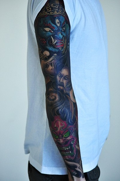 Japanese Demons and Faces tattoo sleeve