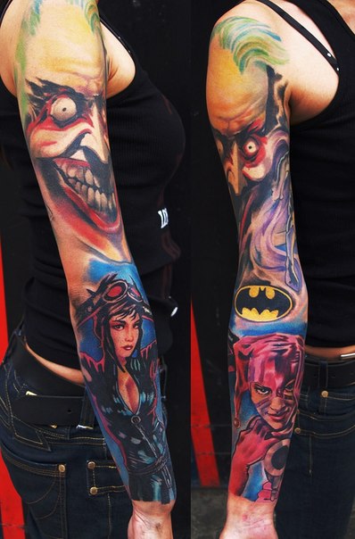 Joker Cat Woman and Harley Quinn tattoo sleeve