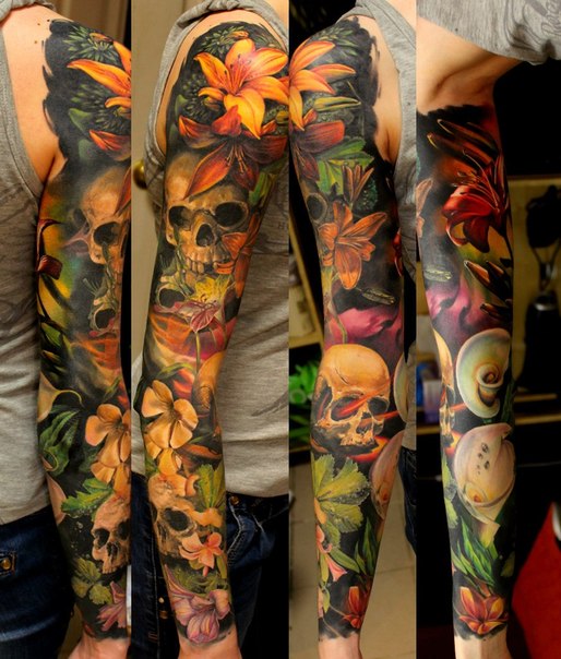 Many Flowers and Many Sculls tattoo sleeve