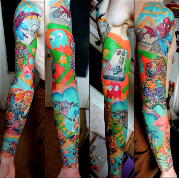 Nintendo New School tattoo sleeve by Sasha Elvis