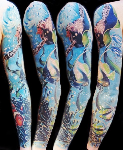 Ocean Turtle and Fish tattoo sleeve