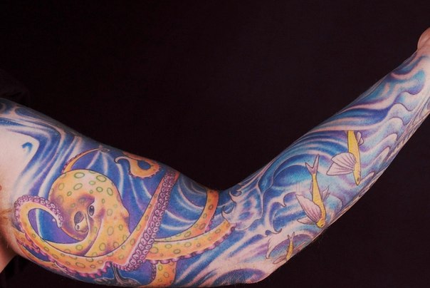 Octopus and Flying Fish tattoo sleeve