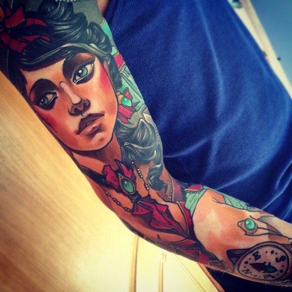 Old School Girl tattoo sleeve by Vitalii Morozov