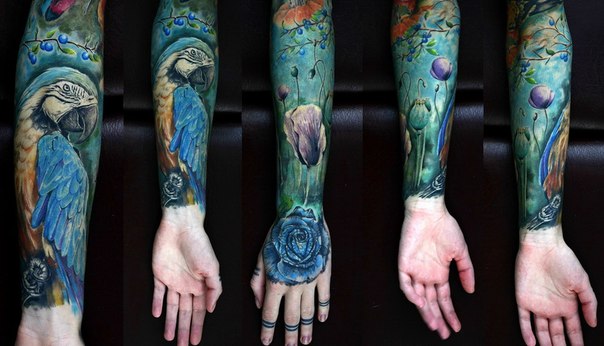 Parrot Blue Rose tattoo sleeve