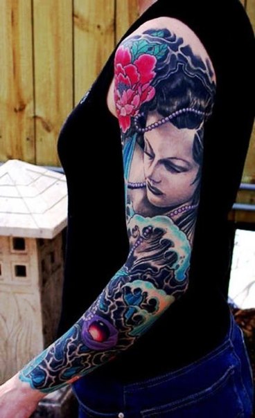 Pearl Necklace Japanese Girl tattoo sleeve